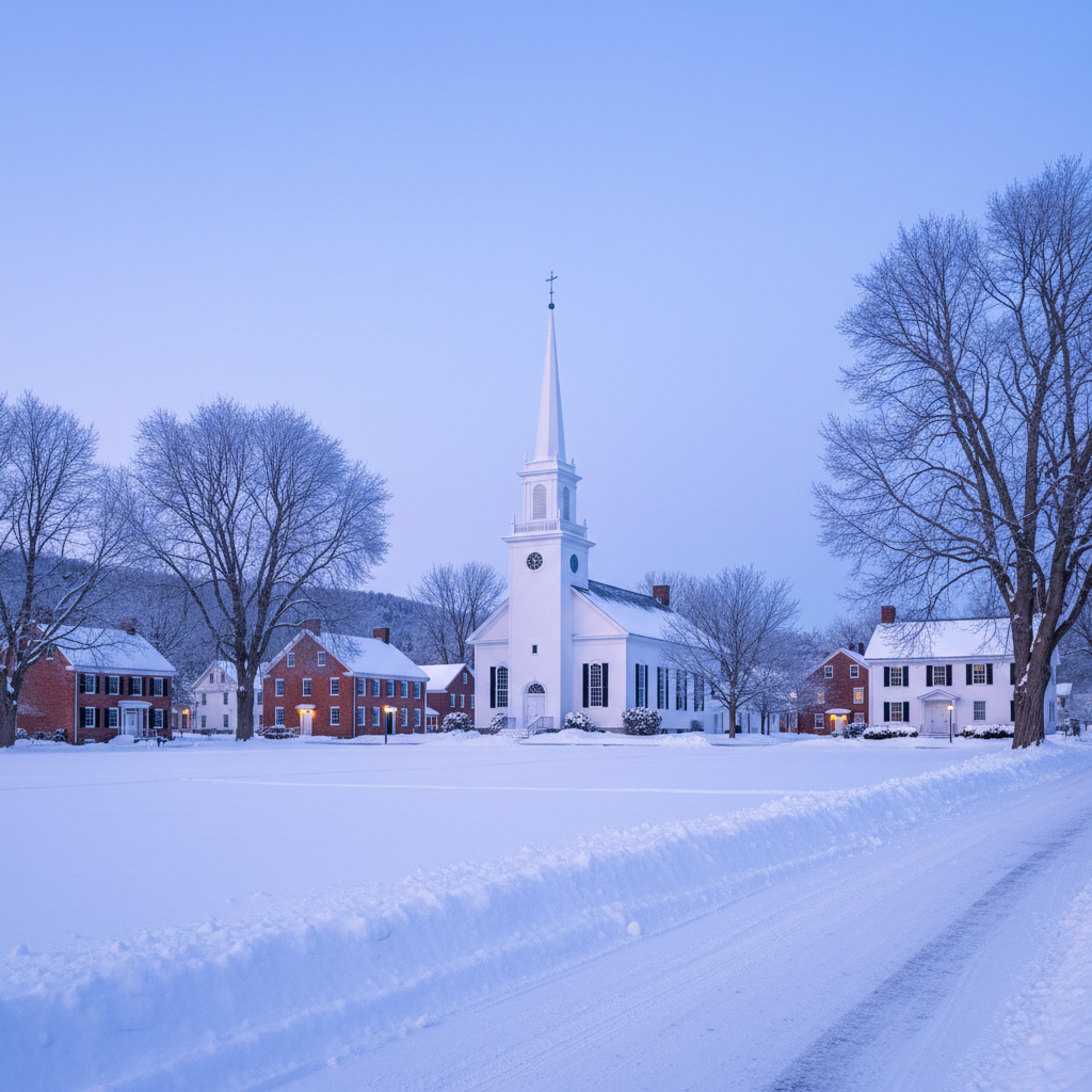 A pristine, snow-covered Vermont village green in midwinter, rendered in clean photographic realism. The central subject is a tall white-painted church with a slender steeple and dark slate roof, its crisp architectural lines contrasting against the soft blanket of snow. Surrounding it are dignified brick and white-clapboard buildings with black shutters, framed by bare maple trees whose delicate branches are edged with frost. Early morning blue-hour light casts a cool, tranquil glow, while warm golden light spills softly from a few distant windows. The sky is pale lavender transitioning to icy blue. Captured at eye level with a wide angle, the composition leads the viewer’s eye down a plowed, snowy lane toward the steeple, creating a quiet, peaceful mood ideal for a professional Vermont winter travel article.