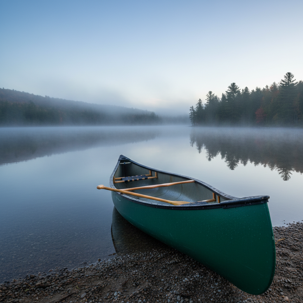 A serene, photographic-real scene of an early-morning canoe resting along the misty shoreline of a quiet Vermont lake, tailored for an outdoor adventure section. The main subject is a forest-green fiberglass canoe pulled halfway onto a narrow, pebbled shore, beads of water glistening on its surface. A wooden paddle with a smooth, honey-colored finish lies diagonally across the gunwales. The lake is glassy and still, fading into low-hanging mist that partially hides a tree-lined shore of dark pines and early autumn maples. Soft, diffused pre-sunrise light bathes everything in cool blues and gentle grays, with a subtle brightening near the horizon. Captured from a low angle near the bow, using the rule of thirds, the composition draws the eye along the canoe toward the mist. The mood is quiet, contemplative, and subtly adventurous.
