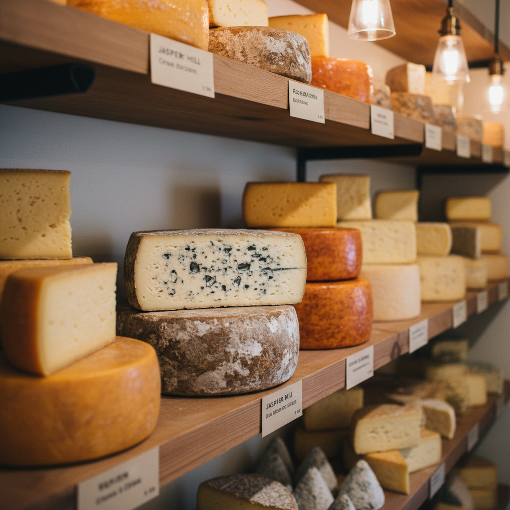A meticulously stacked wall of mixed Vermont cheeses displayed on wide, natural-wood shelving inside a small-town creamery, captured in crisp photographic realism. The central focus is a large wheel of Jasper Hill–style blue-veined cheese cut open to reveal its marbled interior, its rough rind showing mottled grays and browns. Around it sit wedges of sharp cheddar in varying depths of golden yellow, washed-rind rounds with slightly sticky orange surfaces, and pale goat cheeses dusted in ash. Small, minimalist paper labels with clean typography are pinned neatly in front of each variety. Warm, diffused pendant lighting from above casts soft, inviting highlights across the cheeses and subtle shadows beneath each wedge. Shot at eye level with a moderate depth of field so the central wheel is sharp and surrounding cheeses gently blur, the composition feels artisanal, professional, and richly atmospheric for a Vermont food-travel feature.